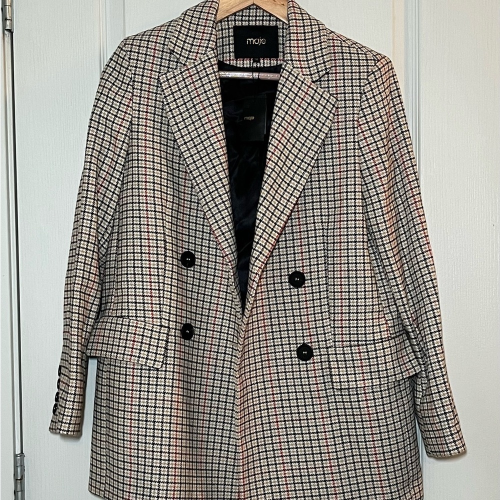 Nwt Maje Voldi Plaid Double-Breasted Wool Blend Blazer Office Career Oversized